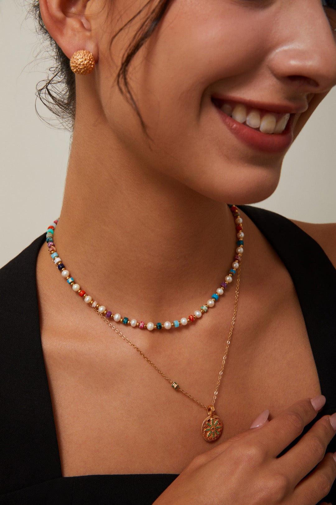 S925 Sterling Silver Vintage‑Gold Rainbow Gemstone & Pearl Necklace and Bracelet