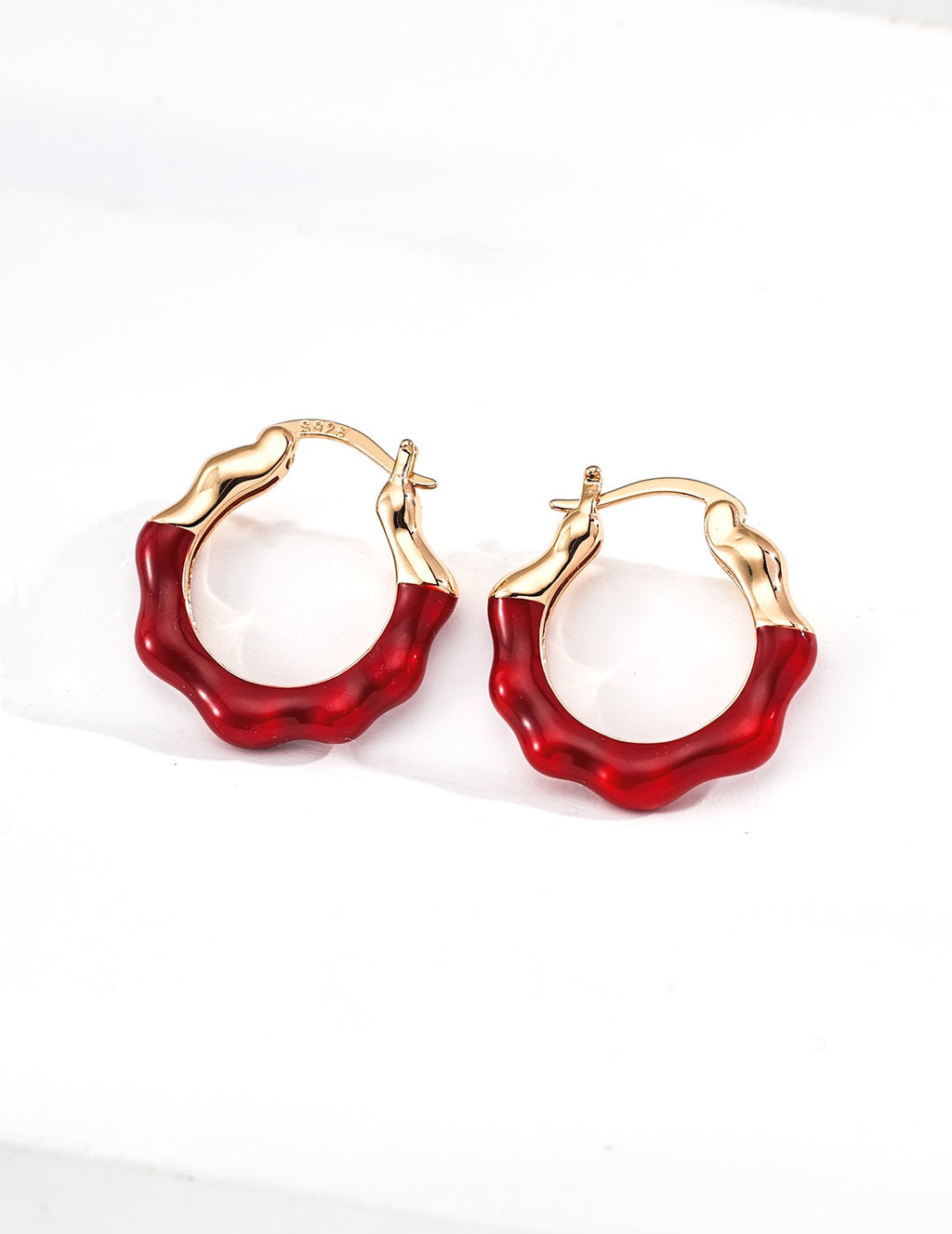 S925 Sterling Silver Minimal Red Enamel & Pearlescent White Earrings
