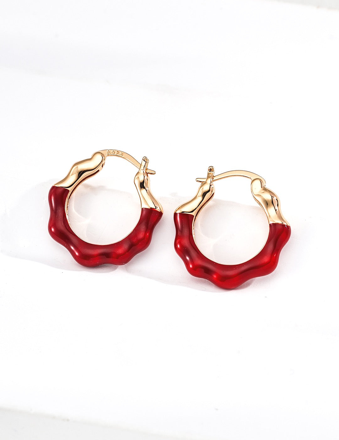 S925 Sterling Silver Minimal Red Enamel & Pearlescent White Earrings