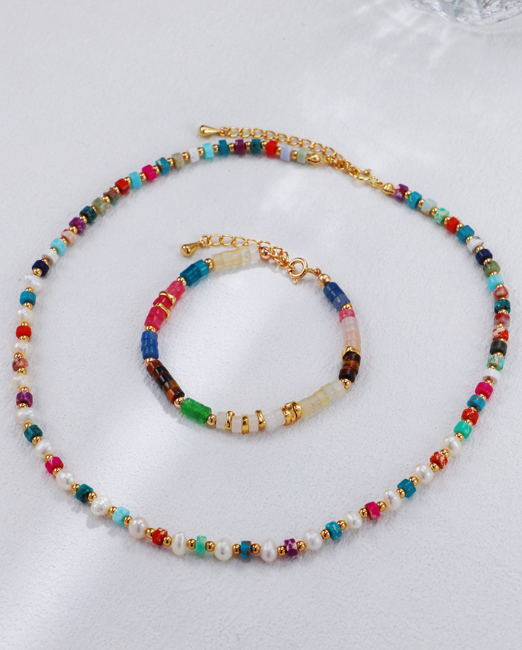 S925 Sterling Silver Vintage‑Gold Rainbow Gemstone & Pearl Necklace and Bracelet
