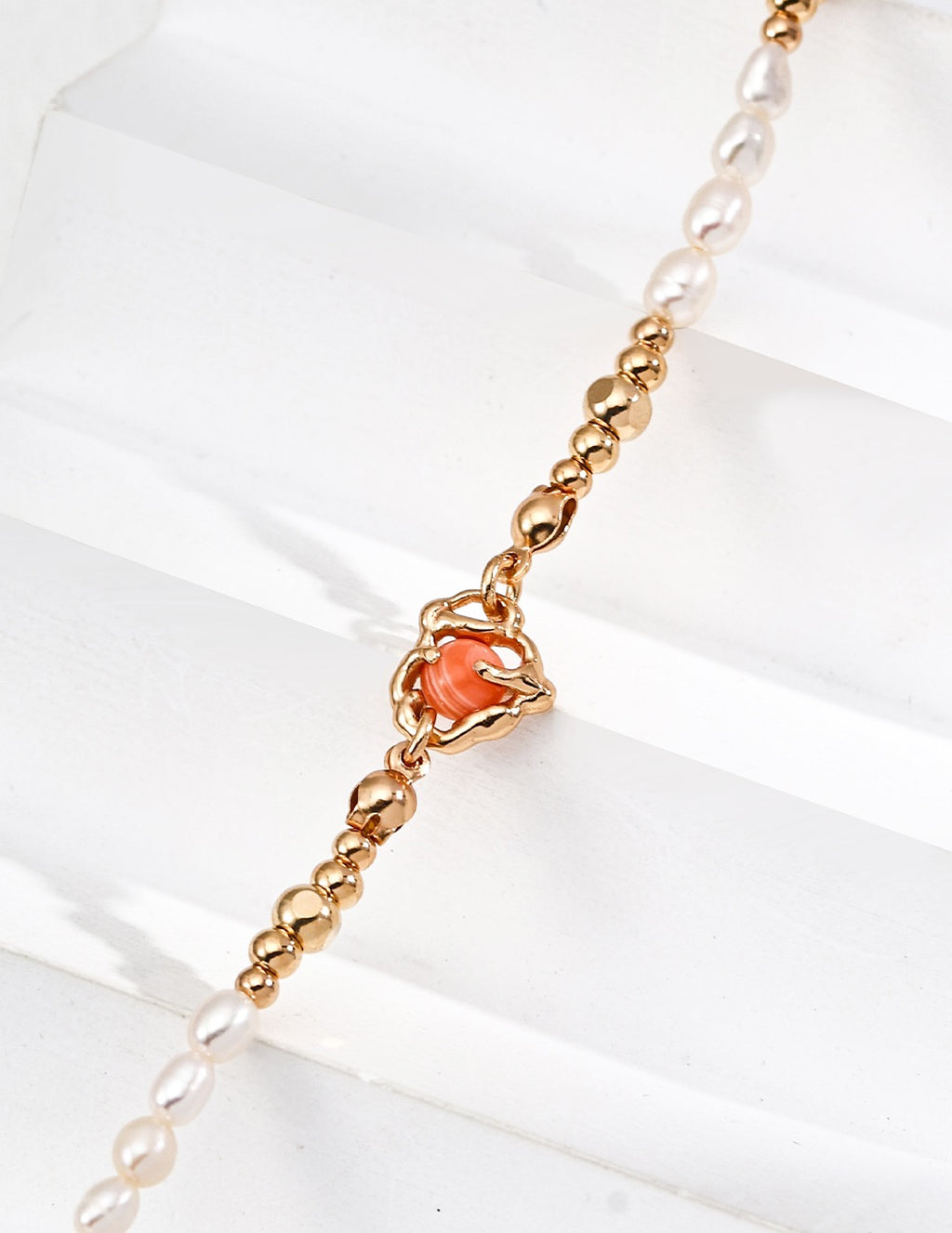 S925 Sterling Silver Vintage Natural Pearl & Red Jasper Necklace