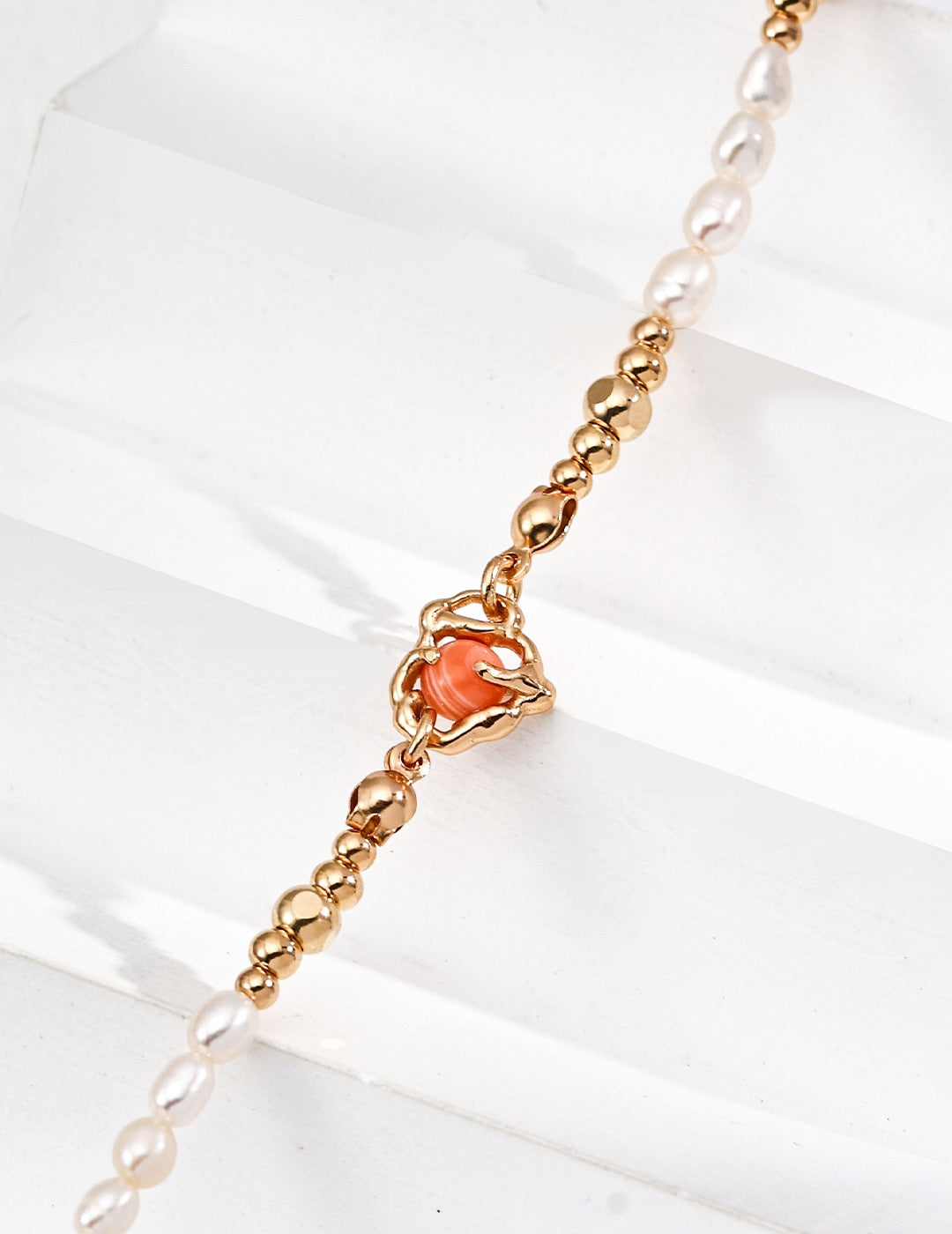 S925 Sterling Silver Vintage Natural Pearl & Red Jasper Necklace