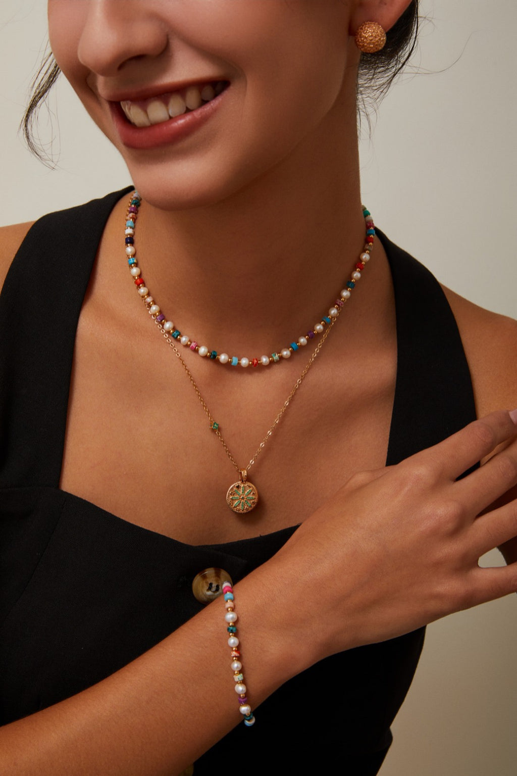 S925 Sterling Silver Vintage‑Gold Rainbow Gemstone & Pearl Necklace and Bracelet