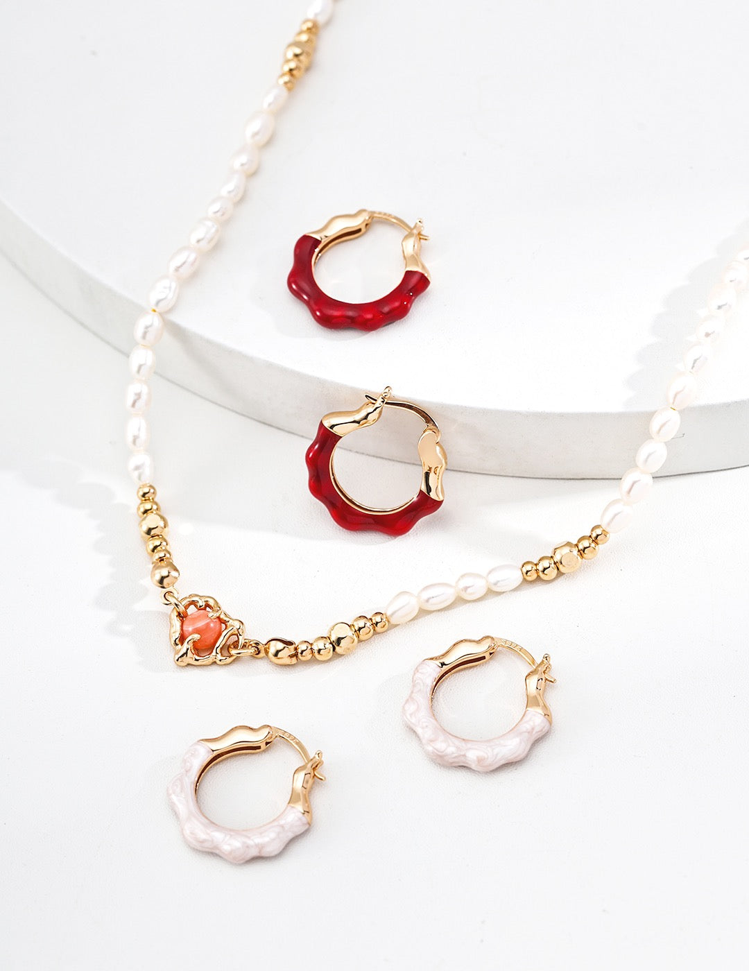 S925 Sterling Silver Minimal Red Enamel & Pearlescent White Earrings