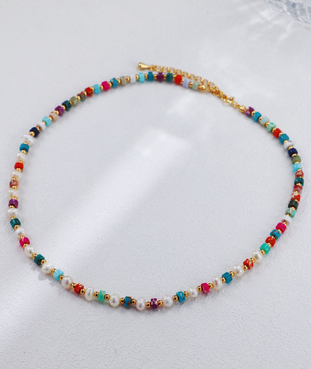 S925 Sterling Silver Vintage‑Gold Rainbow Gemstone & Pearl Necklace and Bracelet
