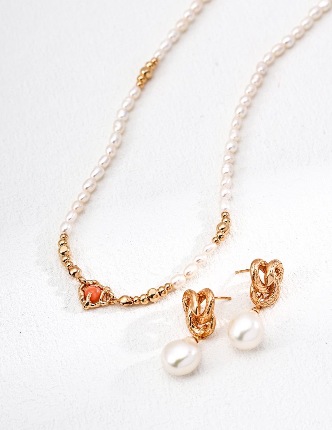 S925 Sterling Silver Vintage Natural Pearl & Red Jasper Necklace