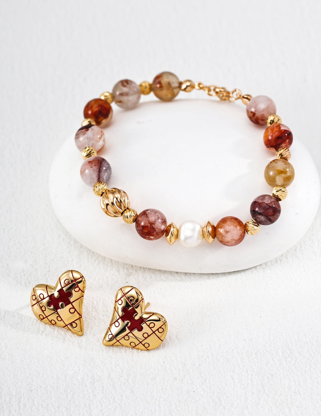 S925 Heart Puzzle — Playful Enamel Accent Earrings (1.8cm), Ring & Bracelet