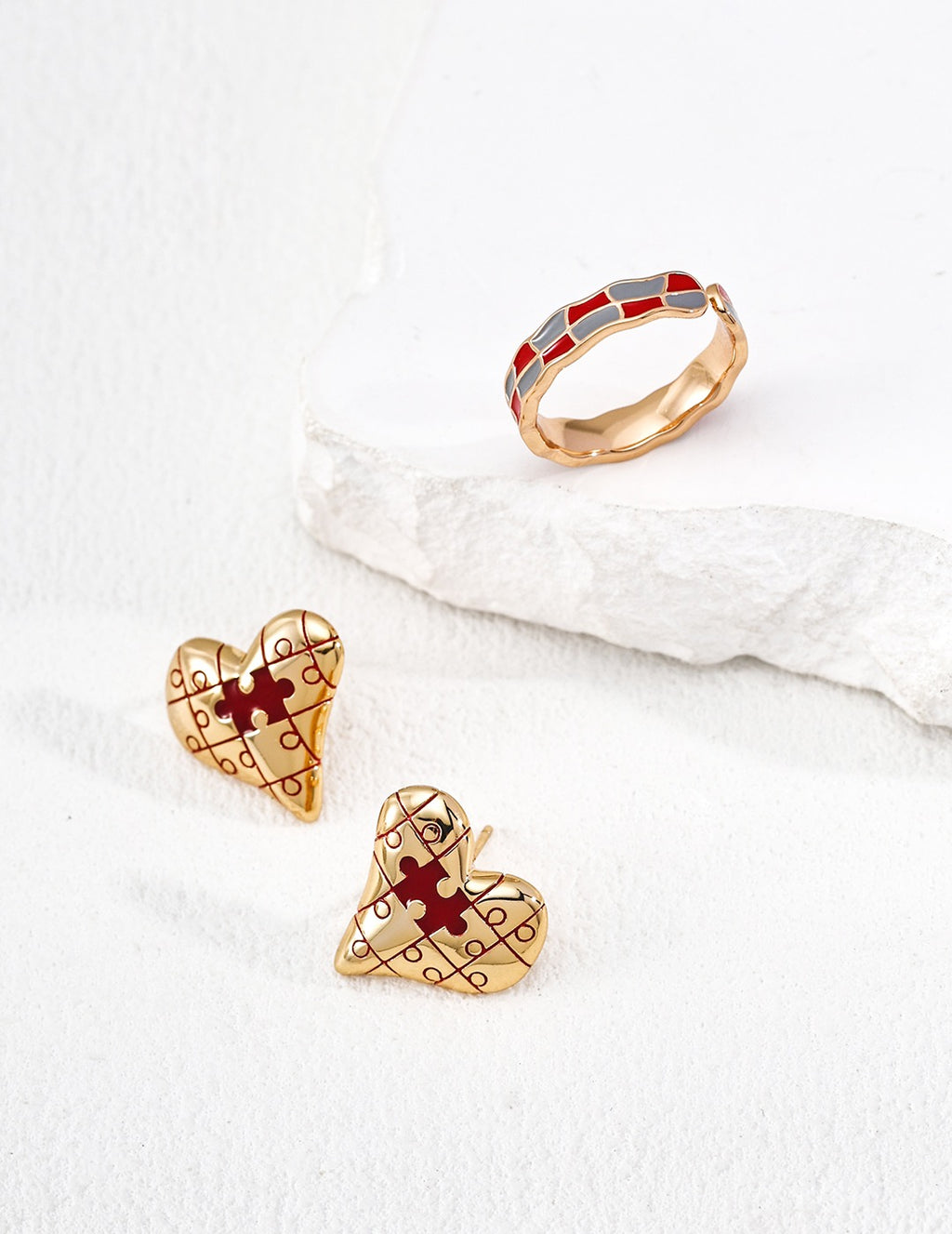 S925 Heart Puzzle — Playful Enamel Accent Earrings (1.8cm), Ring & Bracelet