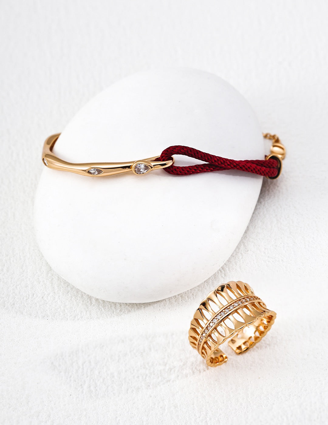S925 Red-Cord & Vintage-Gold Bracelet — Adjustable 16+3cm, Ring, Earrings