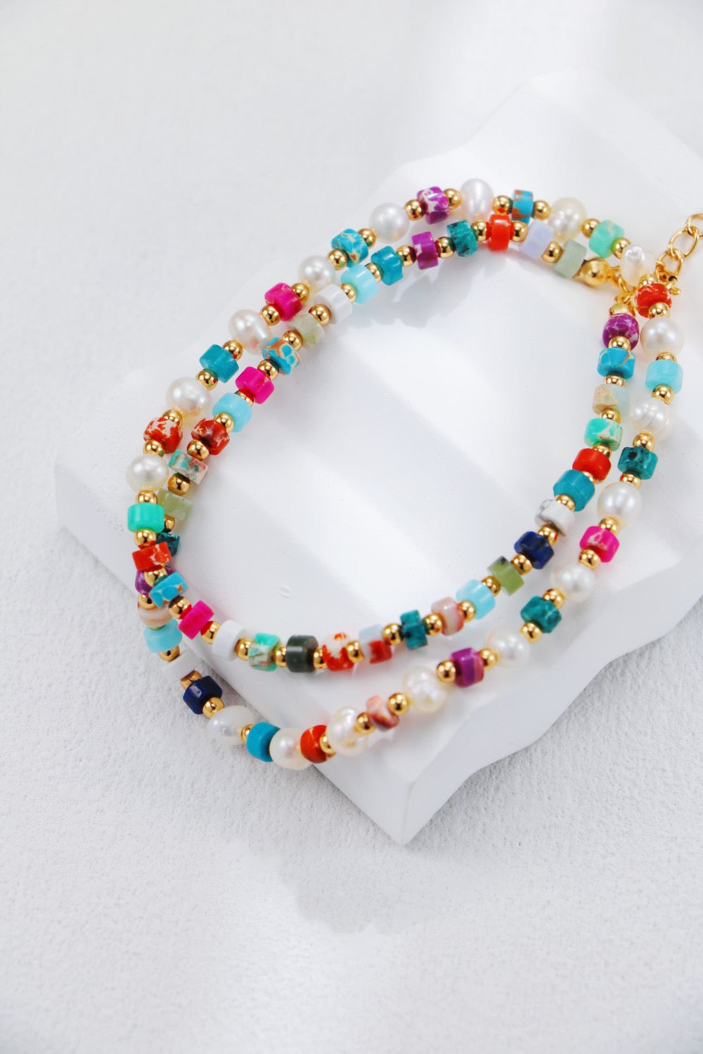 S925 Sterling Silver Vintage‑Gold Rainbow Gemstone & Pearl Necklace and Bracelet