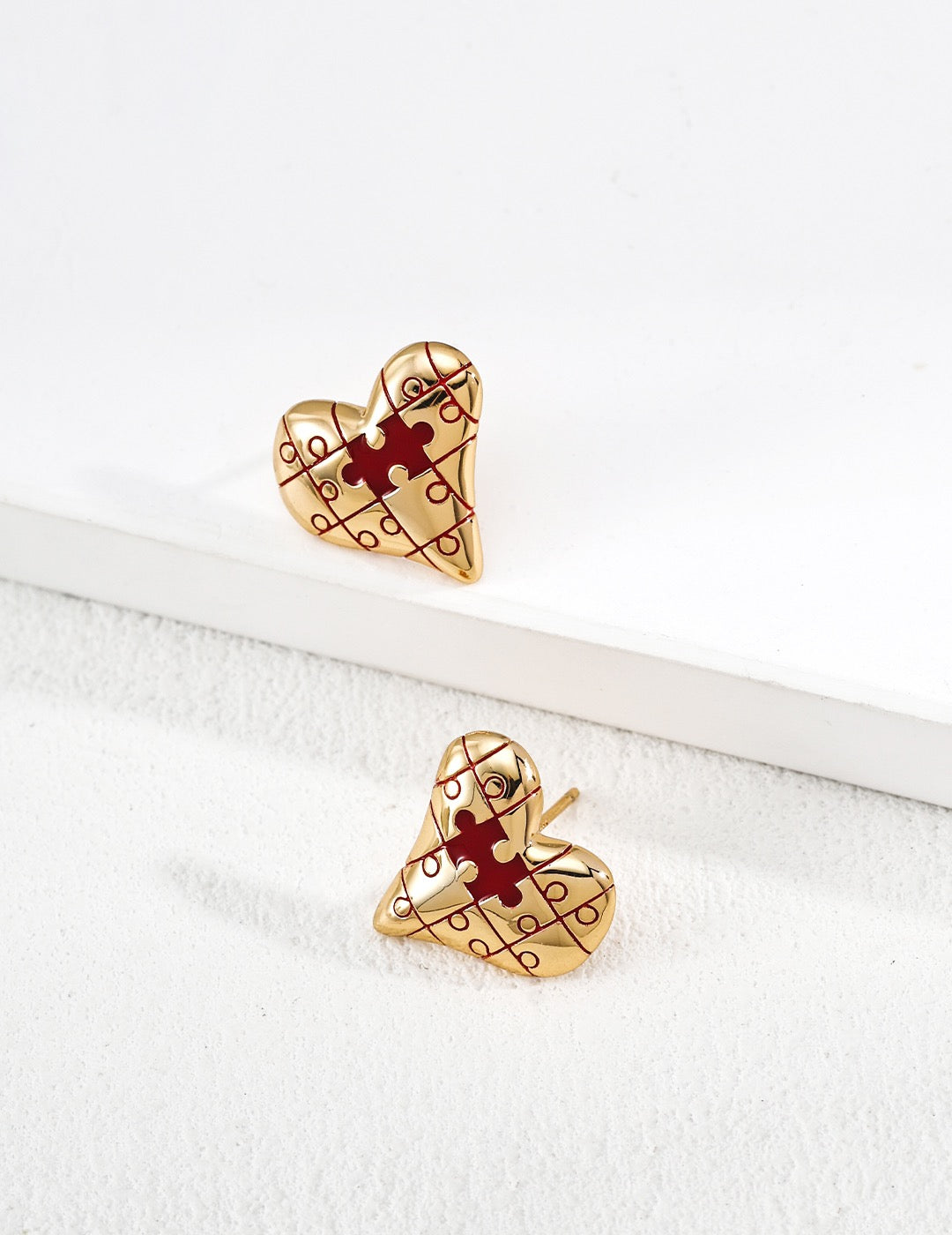 S925 Heart Puzzle — Playful Enamel Accent Earrings (1.8cm), Ring & Bracelet