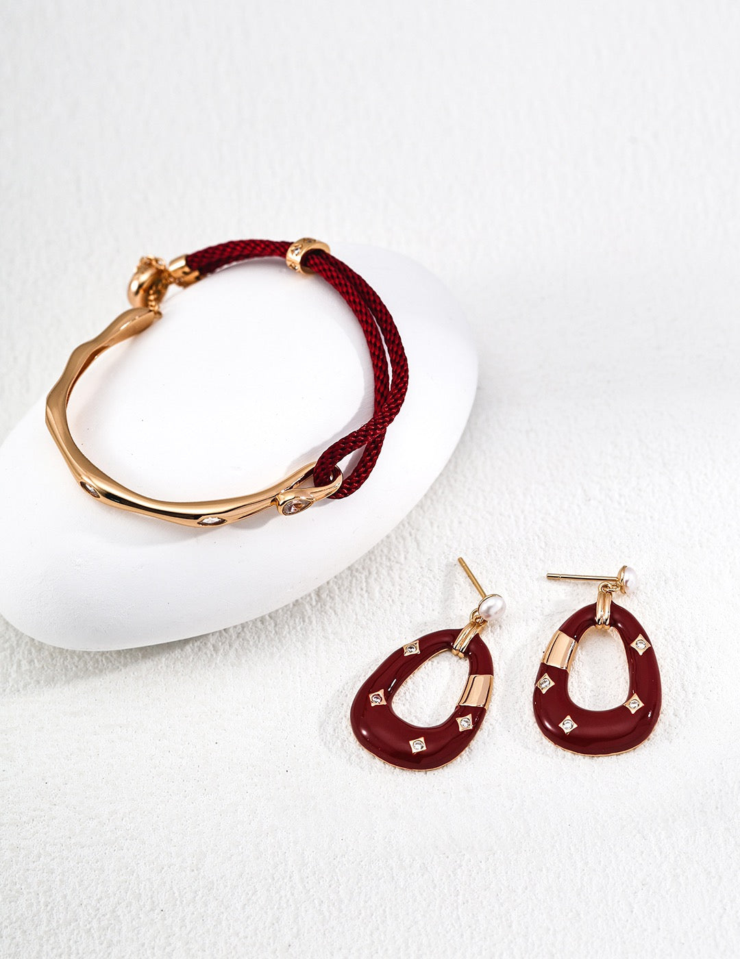 S925 Red-Cord & Vintage-Gold Bracelet — Adjustable 16+3cm, Ring, Earrings