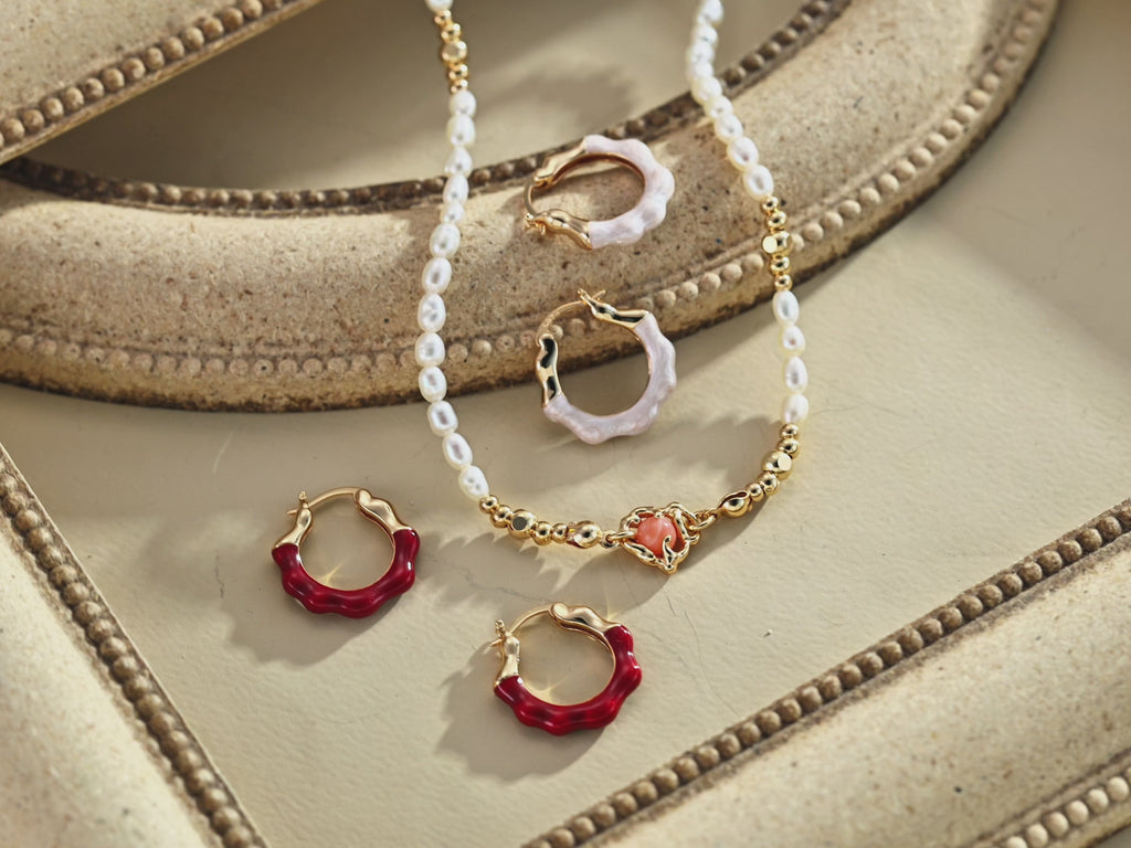 S925 Sterling Silver Minimal Red Enamel & Pearlescent White Earrings